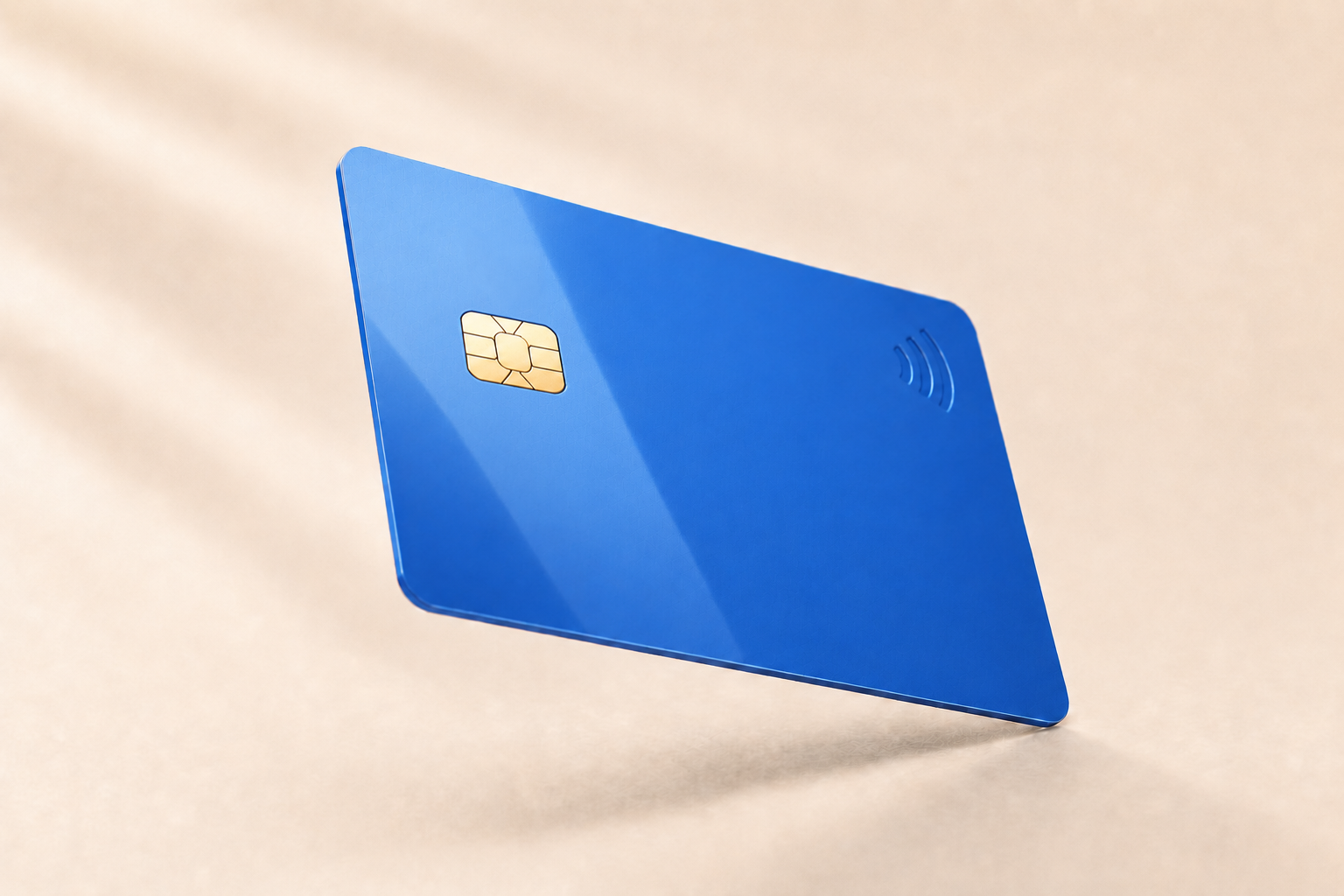 A blue plastic smart card standing on edge, rendered as an interactive 3D card proof, gold contact chip on the left, contactless antenna symbol and a textured PVC finish a customer can flip, tilt and inspect before the card program goes to print