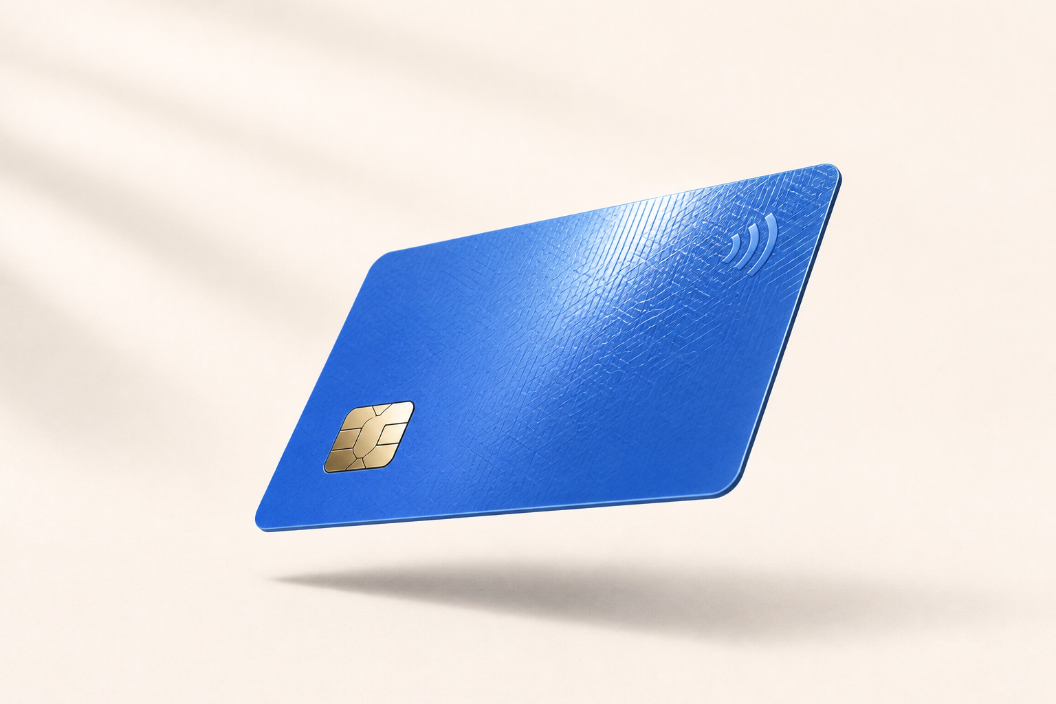 A premium blue smart card rendered in 3D with gold chip, contactless symbol and a spot-UV sheen, floating on a cream background