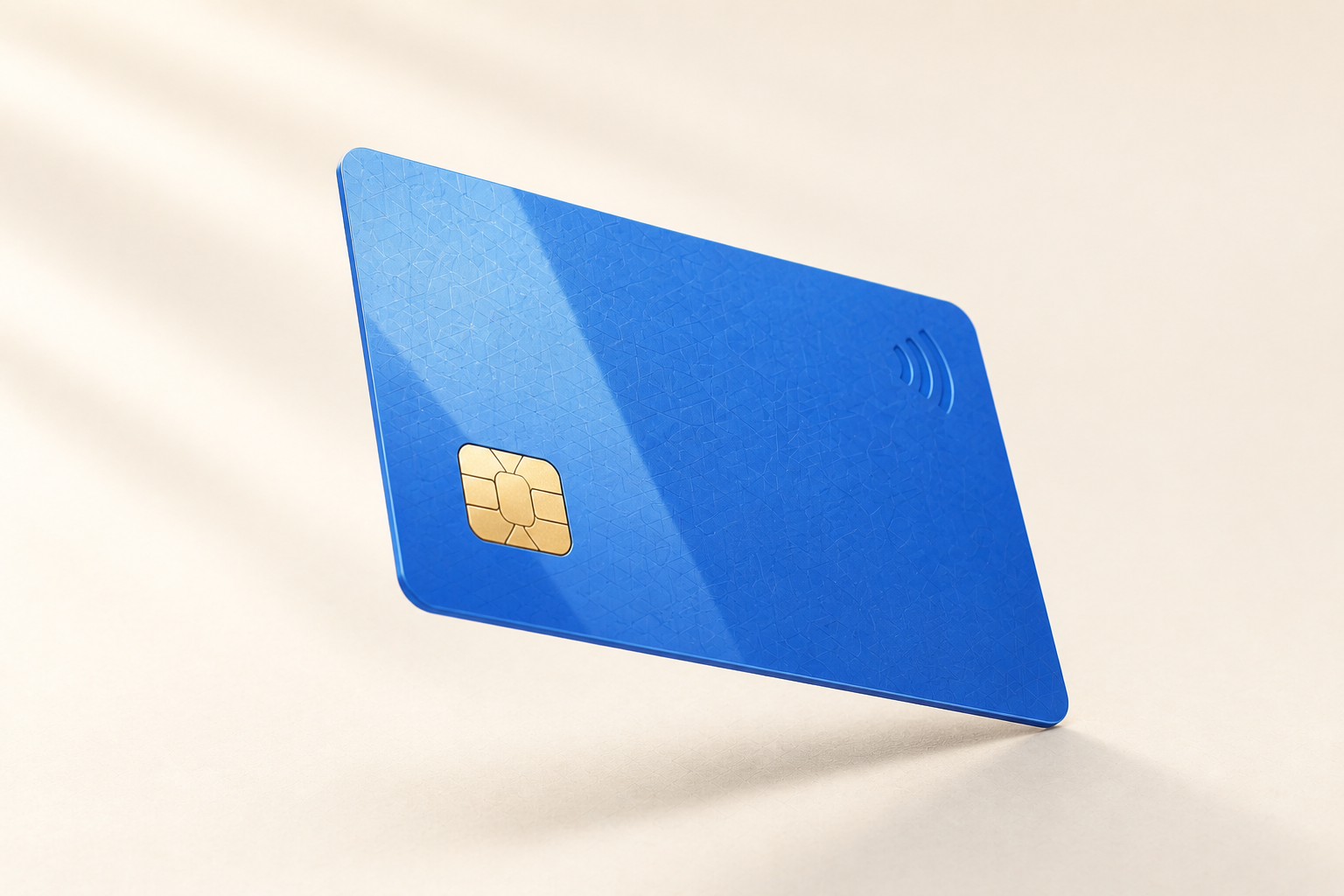 A blue plastic smart card rendered in 3D showing chip, contactless antenna symbol and finish
