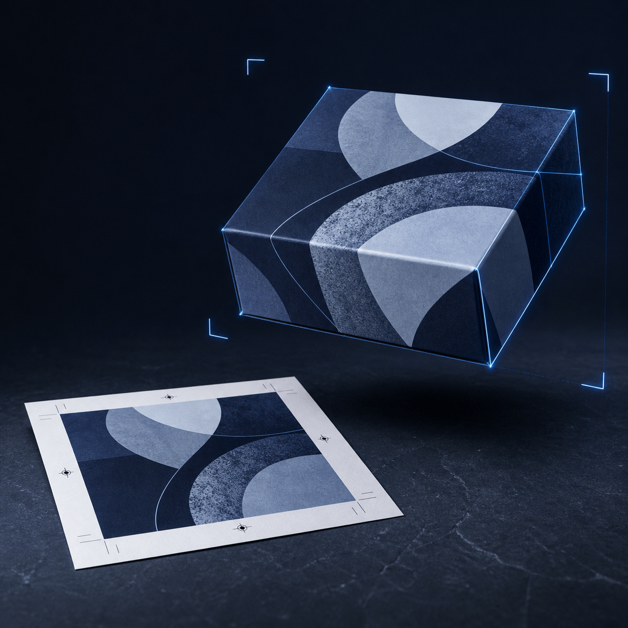 A patterned gift box rendered in 3D floating above its flat printed proof sheet, which carries registration marks and crop guides, the same artwork shown flat and as a finished product