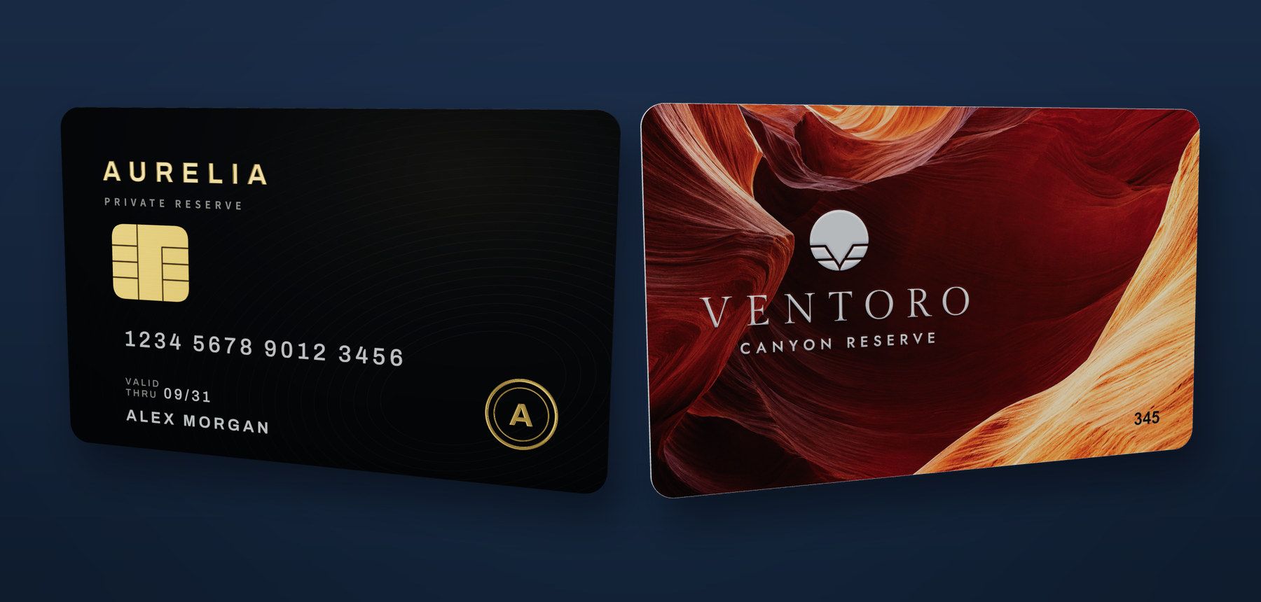 Two cards rendered in 3D: a matte black payment card with gold foil lettering and a gold foil emblem, and a matte hotel key card whose white logo is raised spot UV