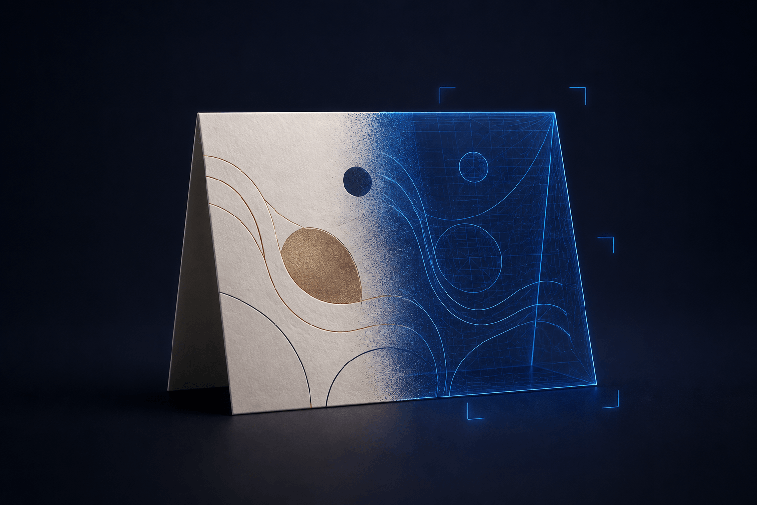 A folded card whose printed face dissolves into a glowing blue blueprint wireframe of itself, with gold foil and embossed line-work catching the light against a dark background