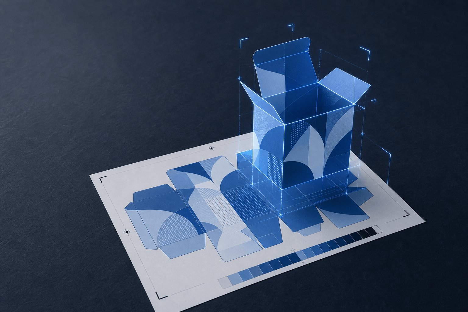 A flat printed proof sheet with a glowing blue wireframe carton rising and assembling out of it, framed by registration brackets, on a dark studio surface