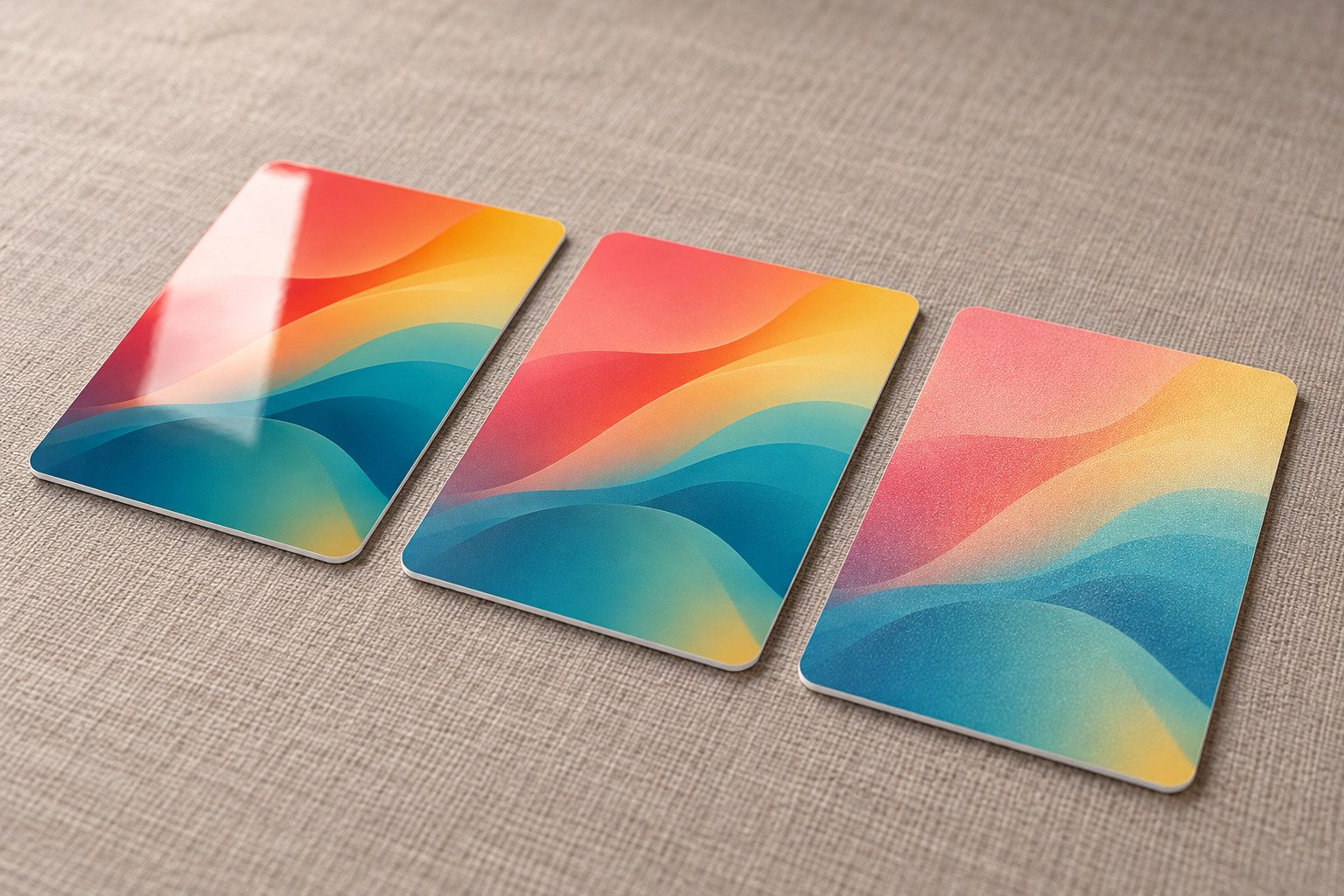 Three cards with the same colorful wave artwork: gloss with a bright reflection, matte with a soft sheen, frosted with a fine grain