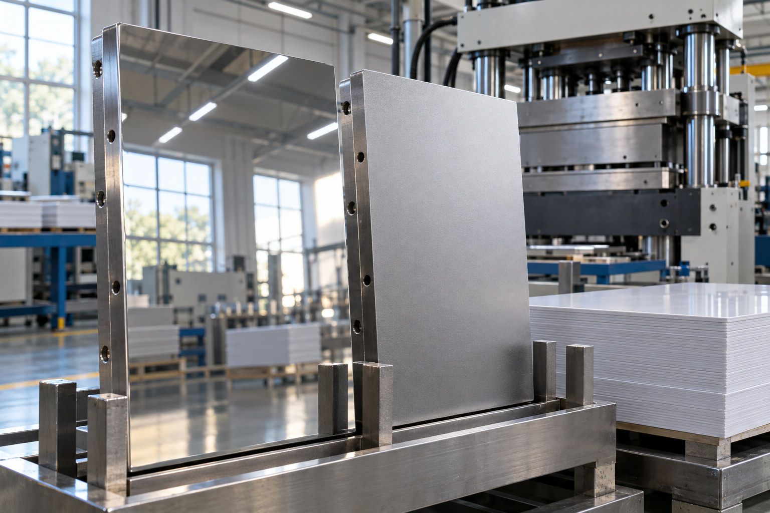 Illustration of two stainless steel lamination plates standing in a card factory, one polished to a mirror and one sand-blasted to a flat gray, beside a stack of white sheets and a press