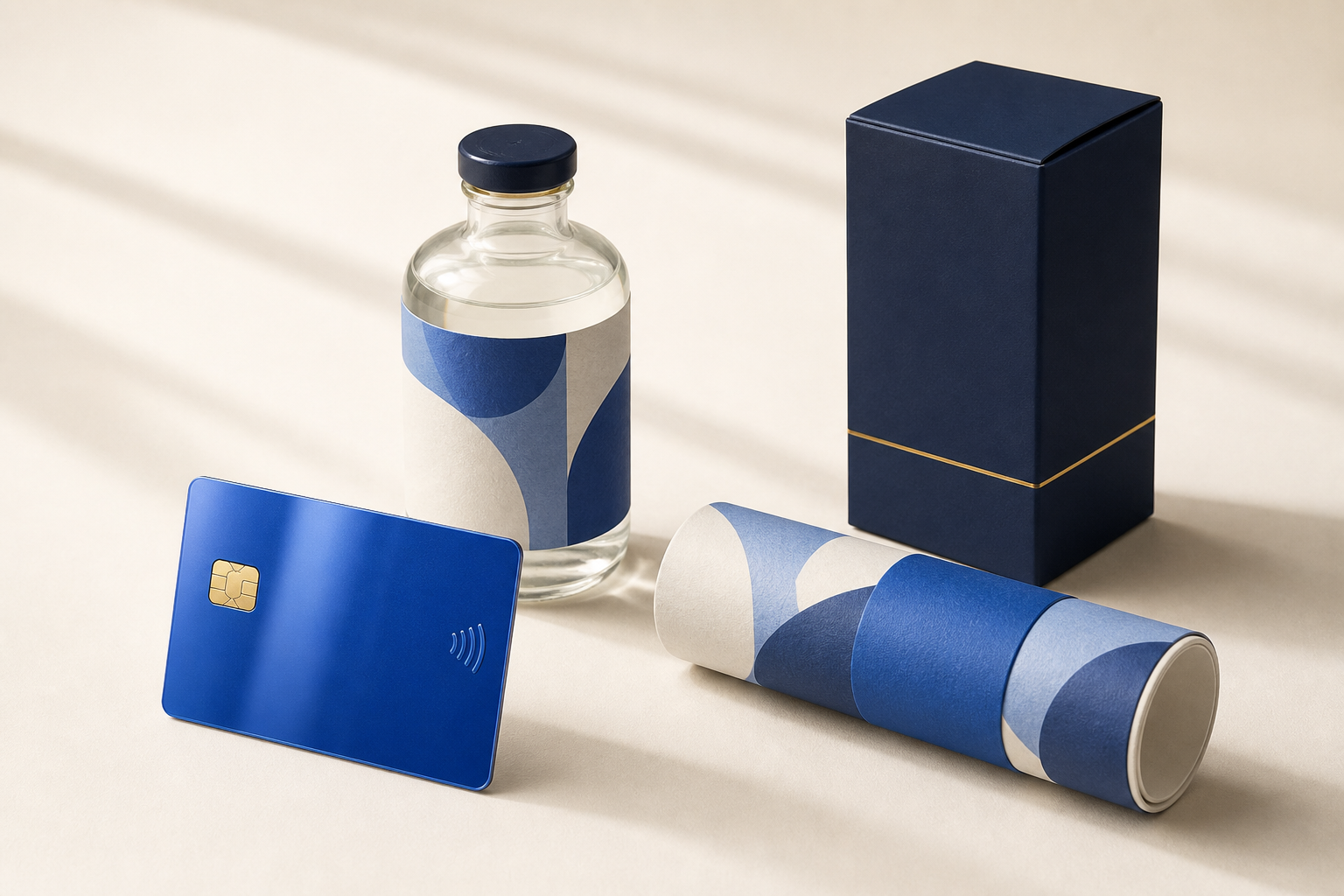 3D product shots rendered from proofs — a blue smart card, a labeled bottle, a navy carton and a poster tube on a warm studio background