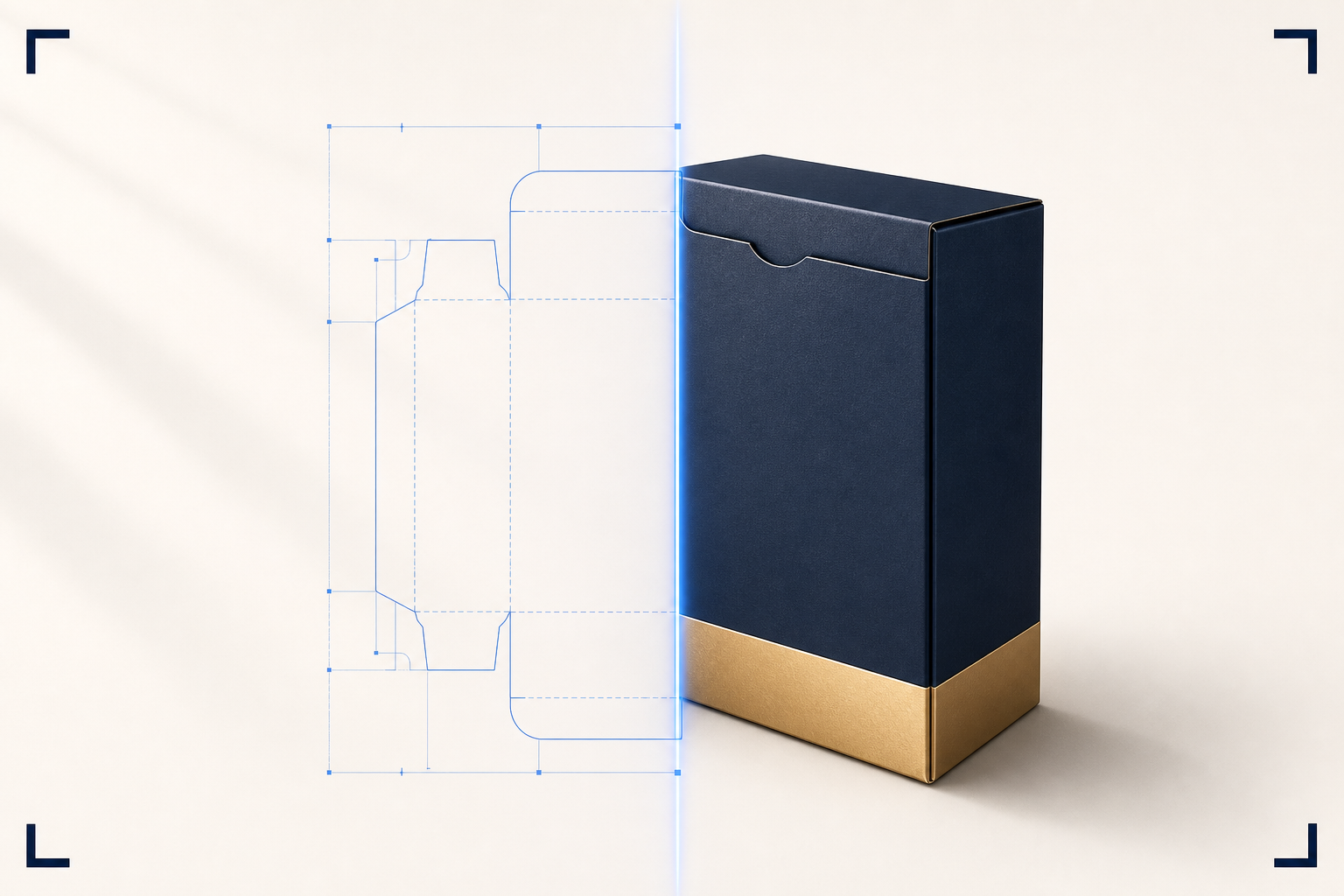 A flat blueprint dieline on the left transforms through a glowing blue scan-line into a rendered navy-and-gold 3D box on the right, framed by registration corner brackets on a cream background