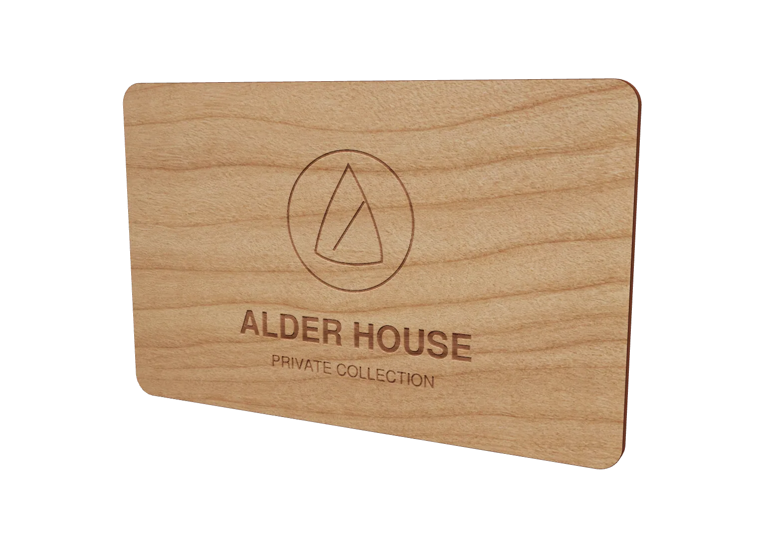 Cherry wood card laser engraved with the Alder House triangle logo