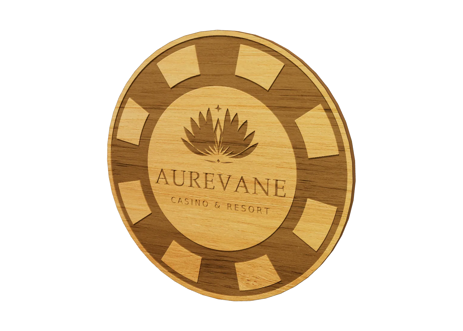 Round bamboo casino chip laser engraved with the Aurevane lotus logo