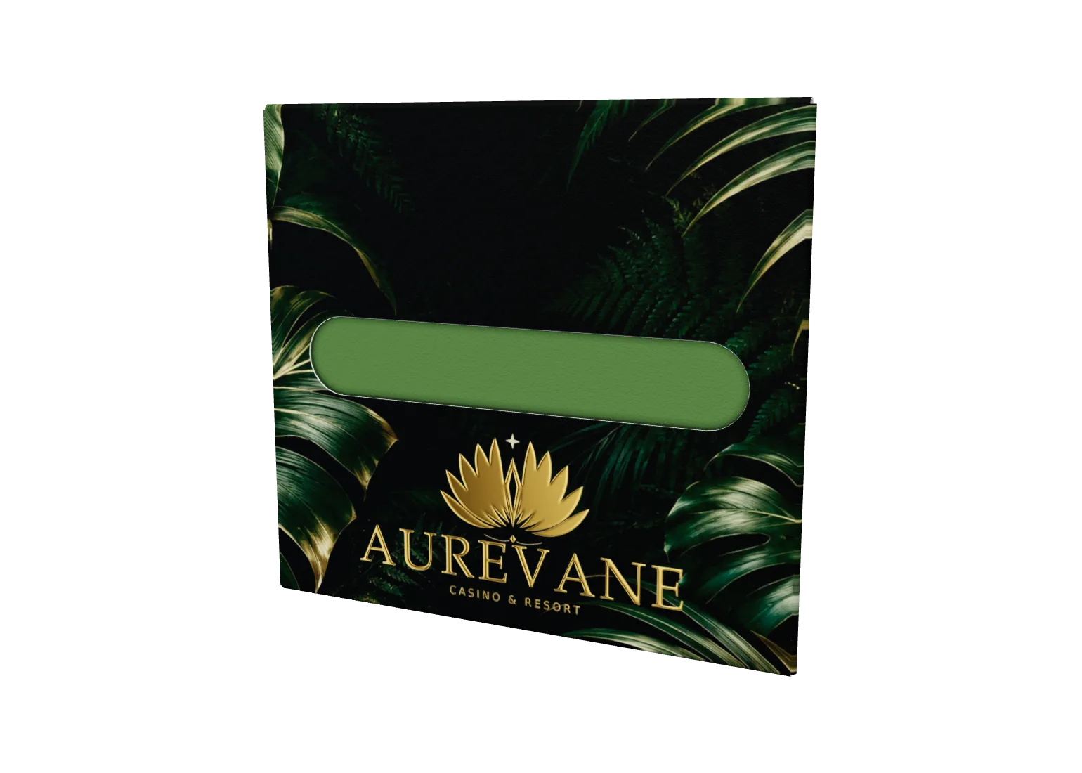 Black jungle-print casino key carrier with gold foil Aurevane logo, holding an engraved bamboo chip
