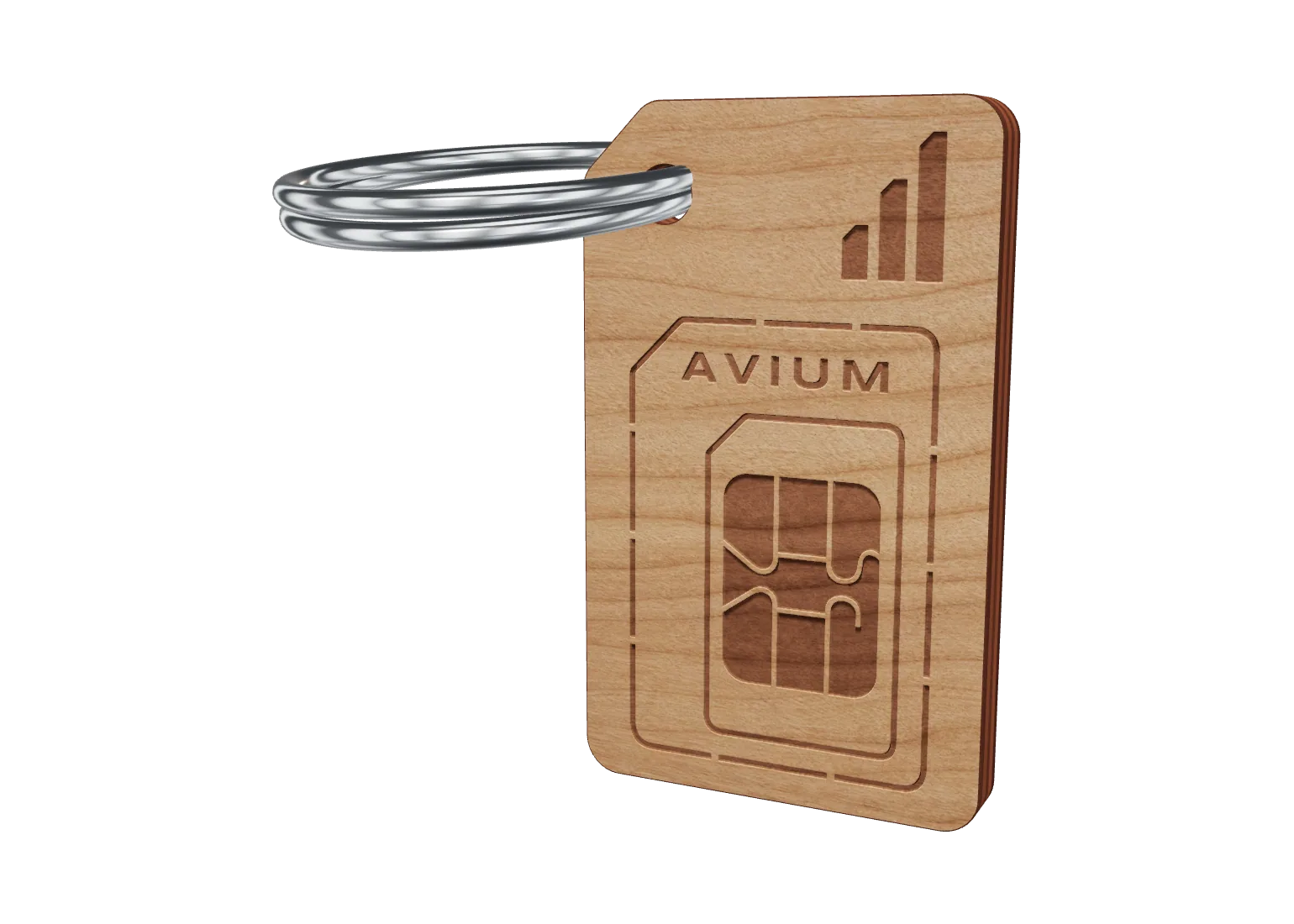 Cherry wood keyfob shaped like a SIM card, laser engraved with SIM plug outlines, chip contacts and the Avium wing logo, on a steel key ring