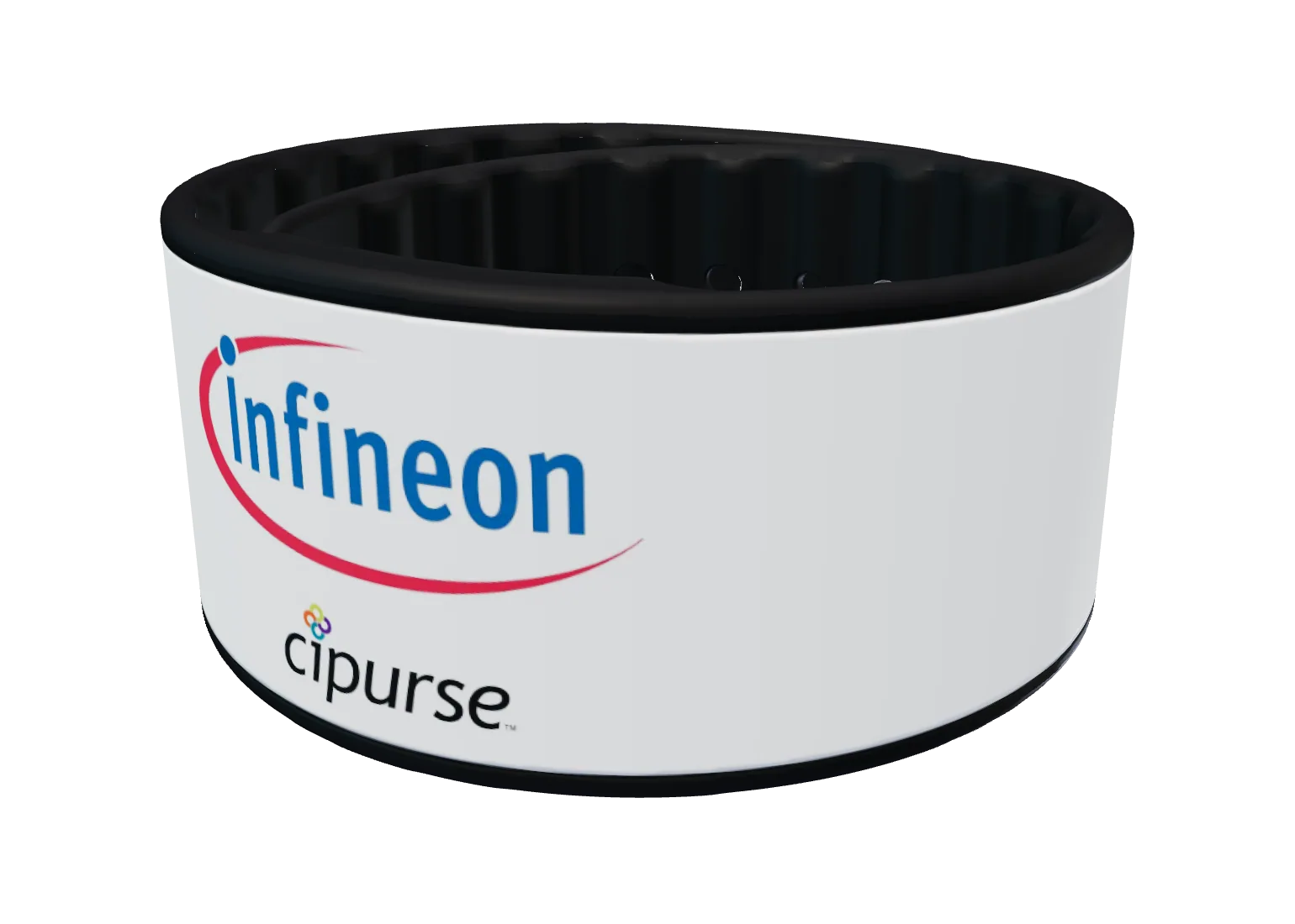 White silicone payment wristband printed with Infineon and CIPURSE logos