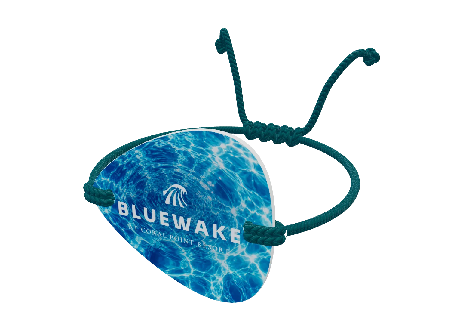 Pearlescent pick-shaped tag printed with sunlit pool water and a white Bluewake wave logo, on a teal braided cord