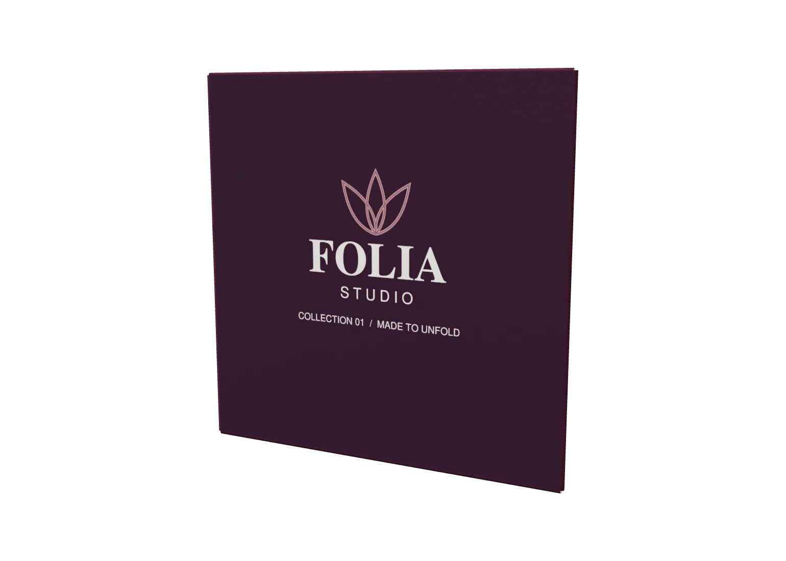 Square plum folding wallet with a rose gold Folia Studio logo