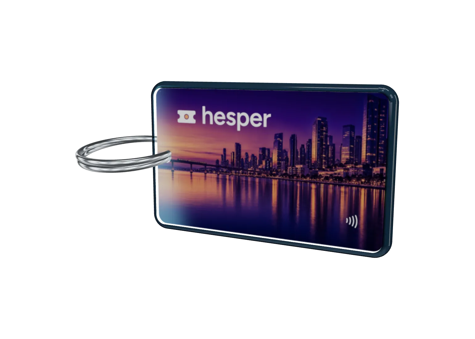 Crystal epoxy keyfob printed with a violet harbour city at dusk and the Hesper ticket logo, on a metal key ring