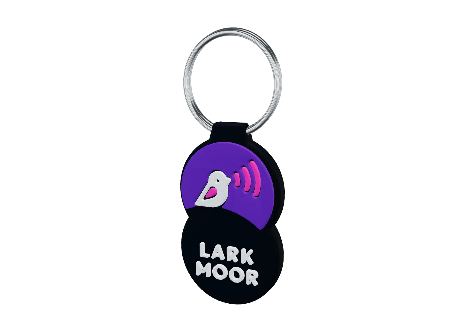 Black silicone keyfob on a steel ring: a white songbird on a black hill sings pink sound waves into a violet sky, with LARK MOOR raised in white below