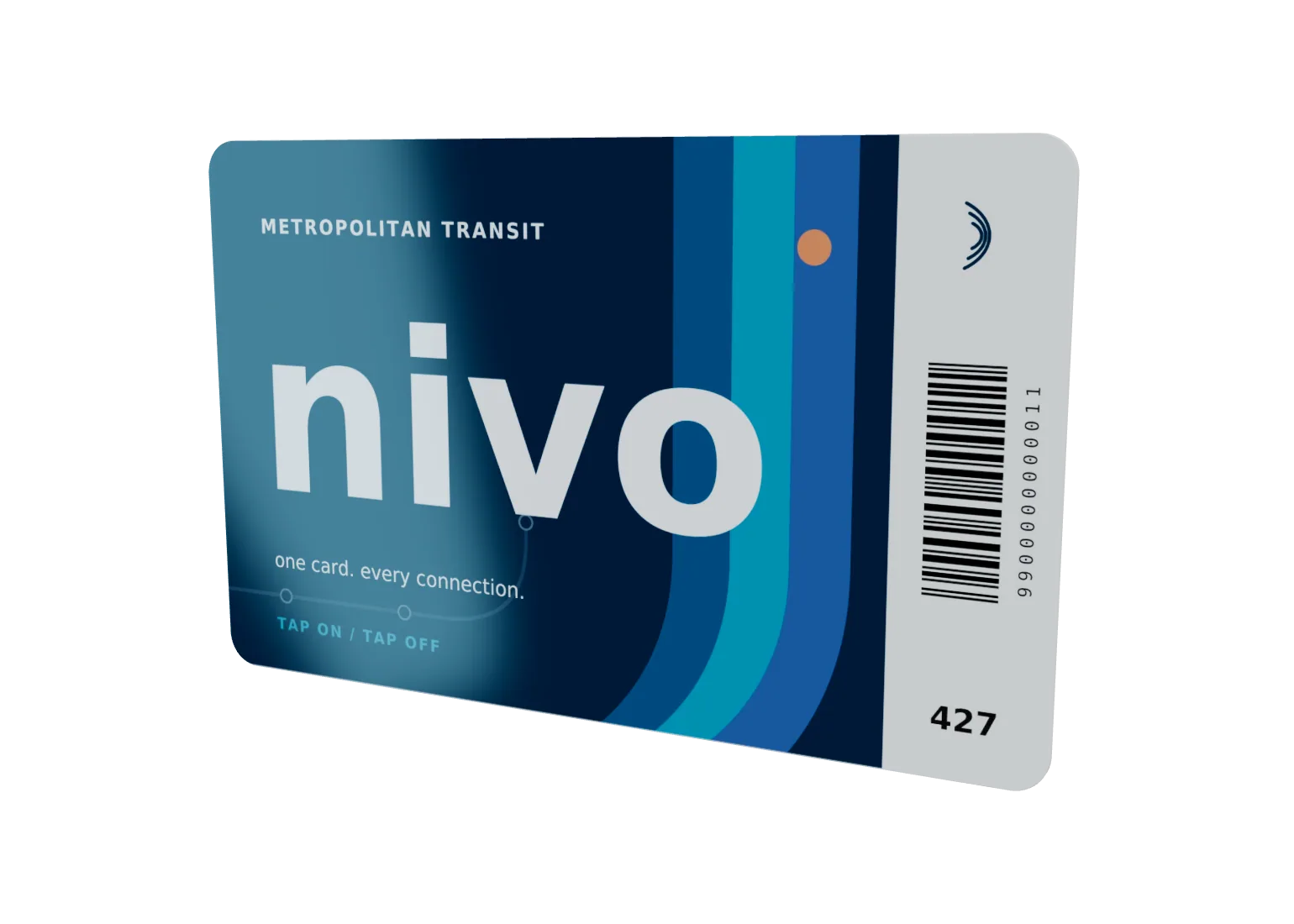 Blue Nivo metropolitan transit card with a vertical barcode