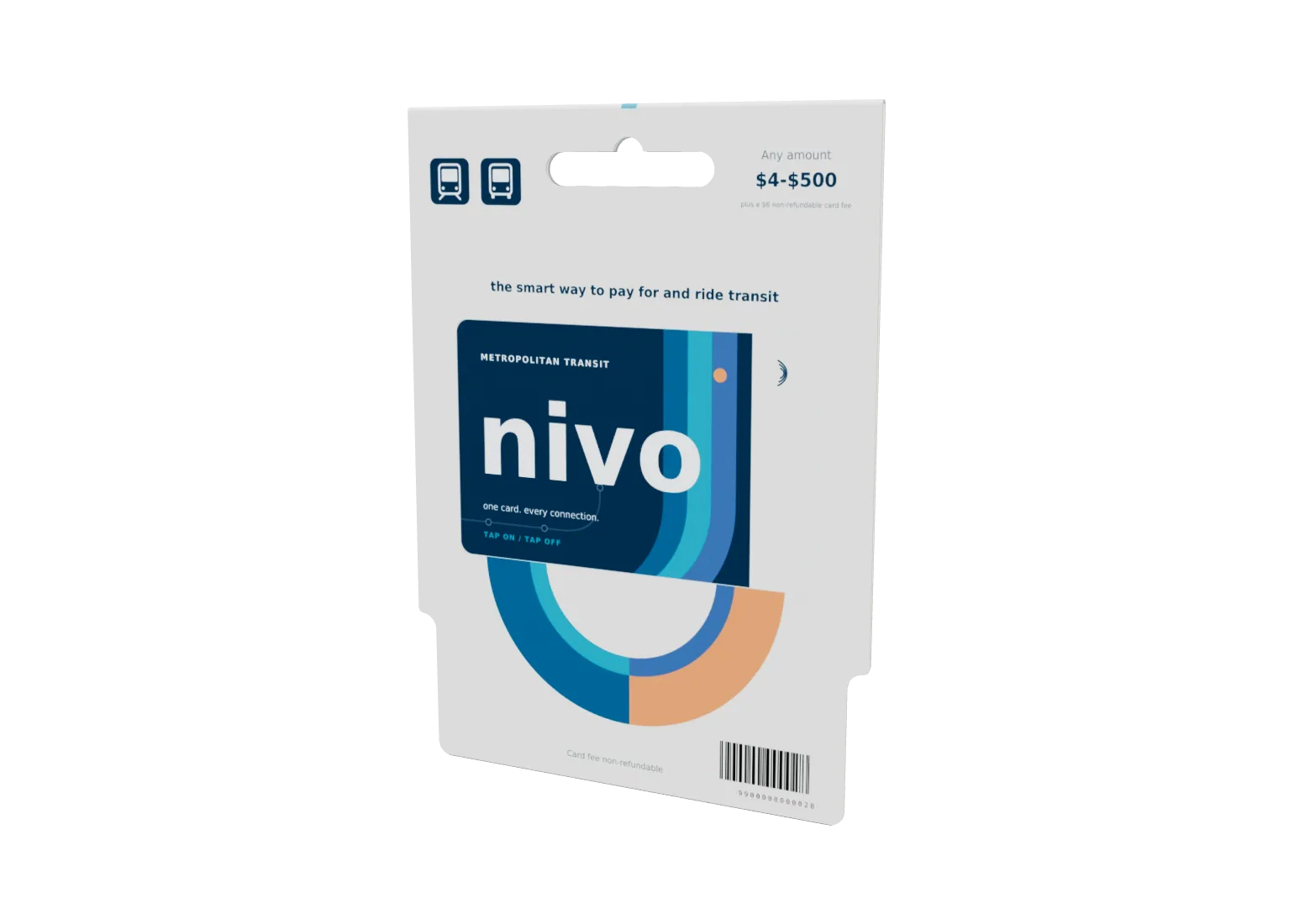 White Nivo transit card carrier with a blue and orange card visible inside