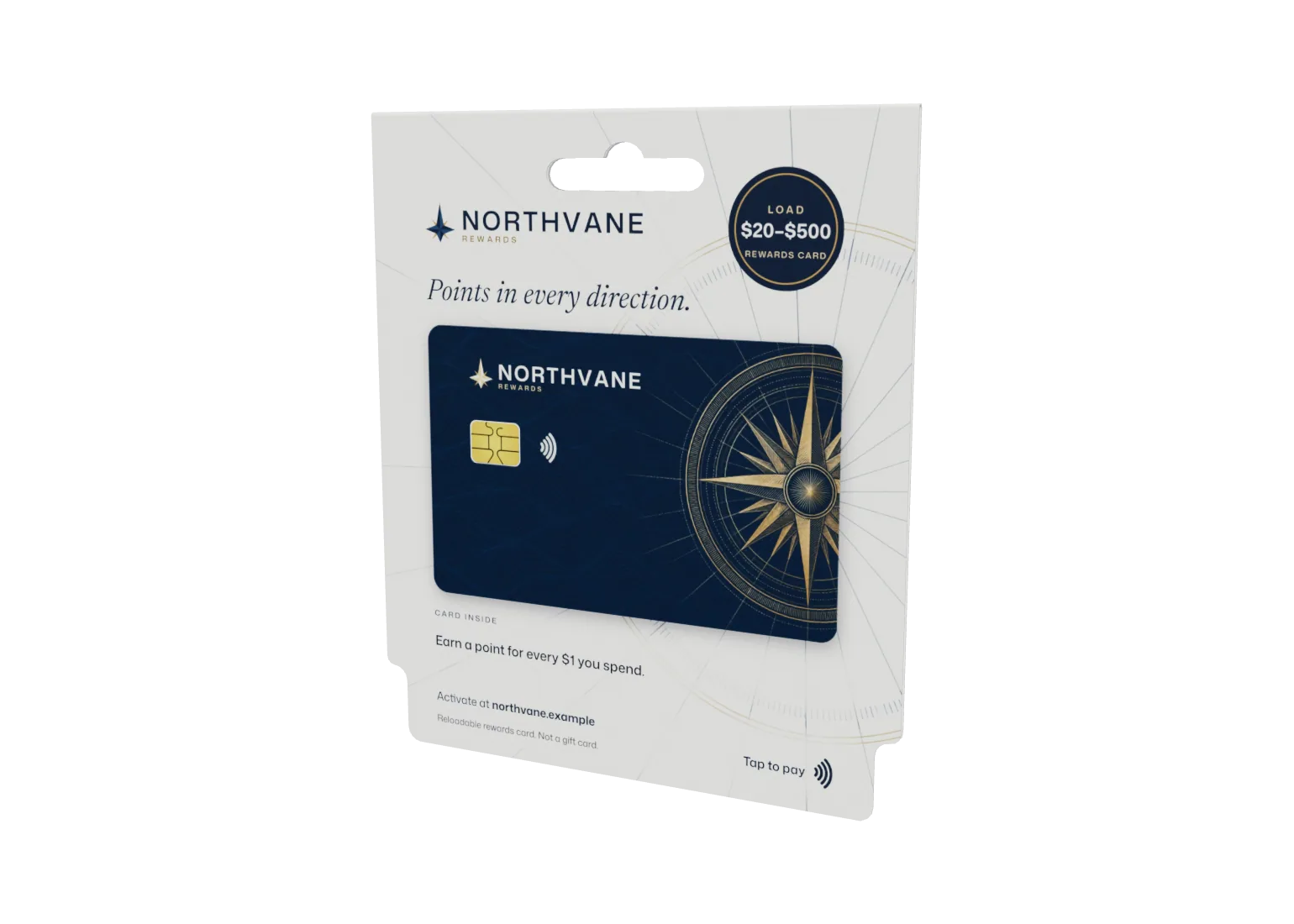 Cream hanging card pack with the Northvane compass logo and the line Points in every direction, a navy rewards card with a brass compass rose showing in its front