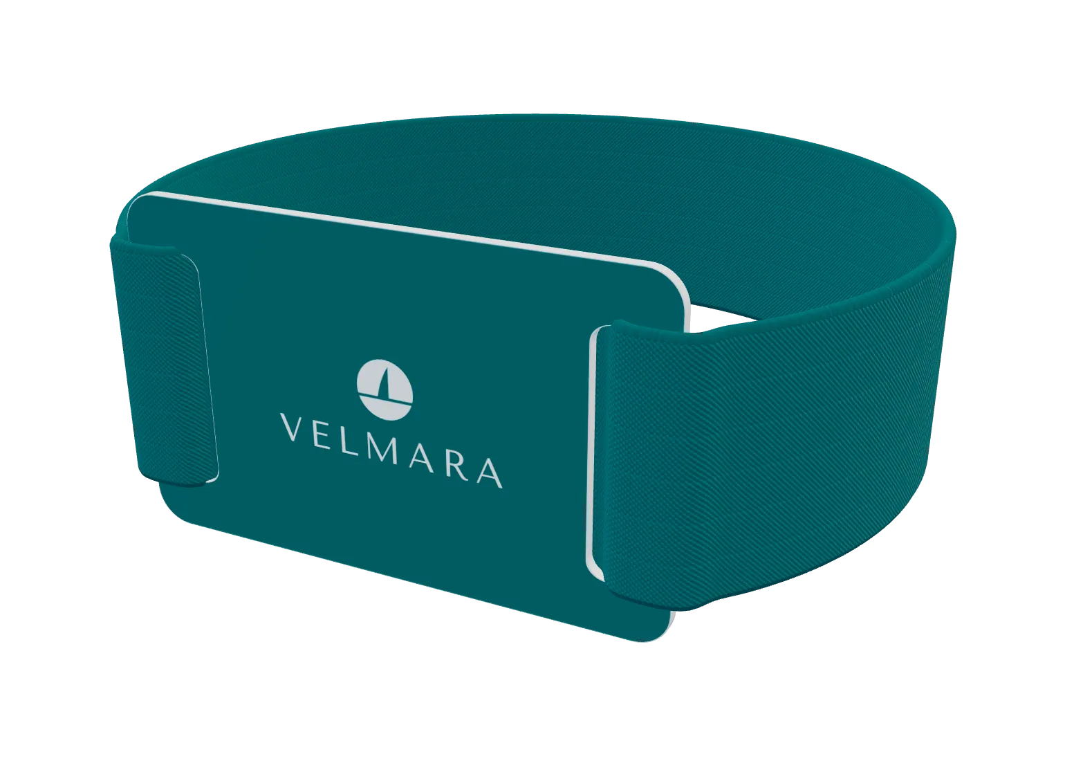 Lagoon-teal elastic wristband with a white Velmara Island Resort sailboat logo on its PVC tag