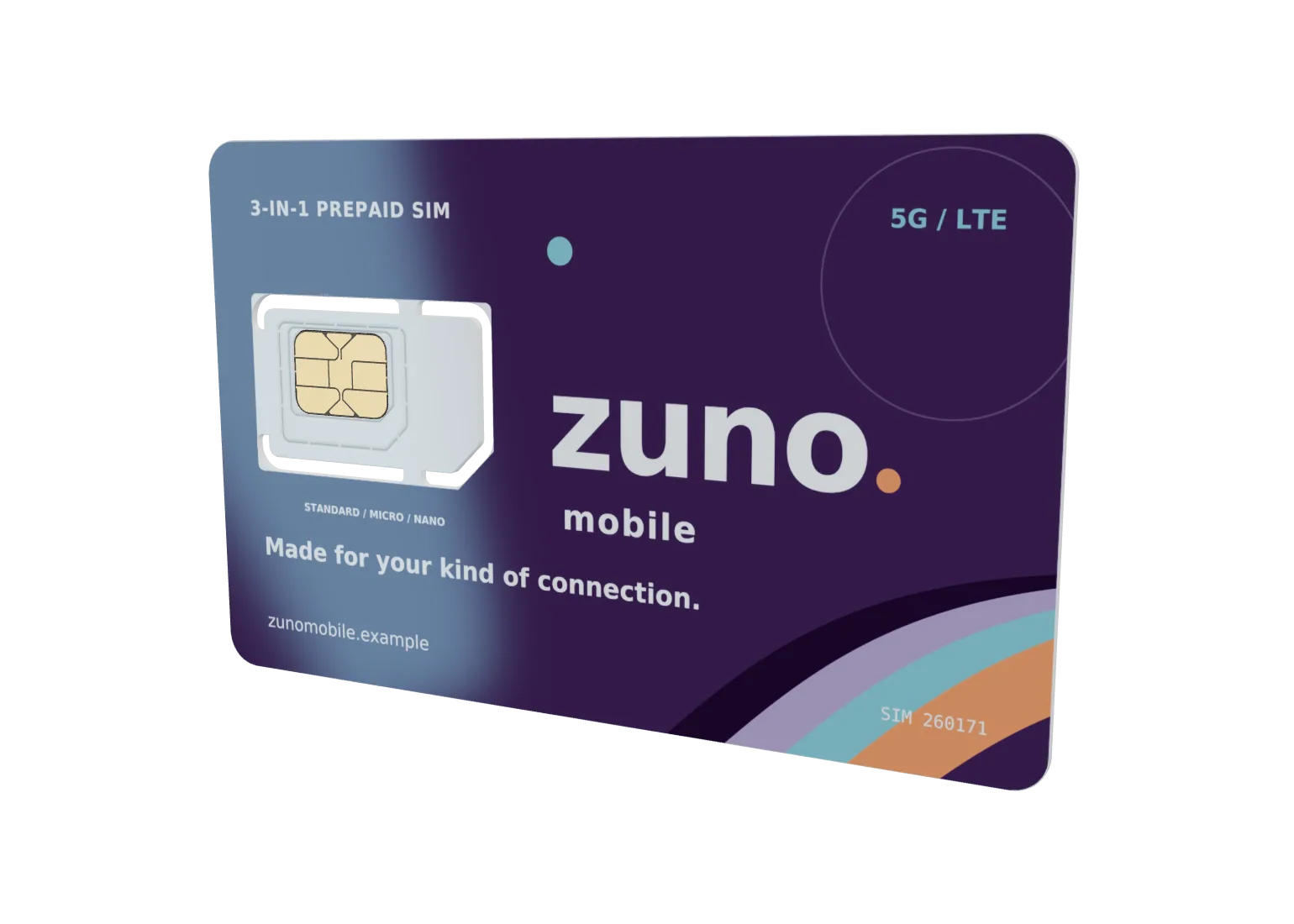 Purple Zuno Mobile SIM card with a gold contact chip