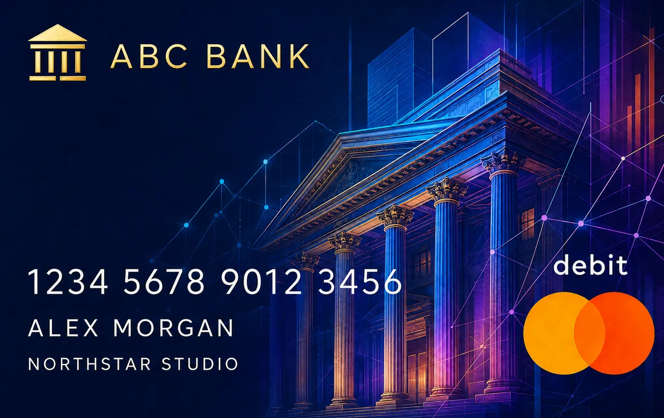 Front of the ABC Bank EMV debit card proof: neon bank-building artwork, gold contact chip and Mastercard debit mark on a matte navy card.