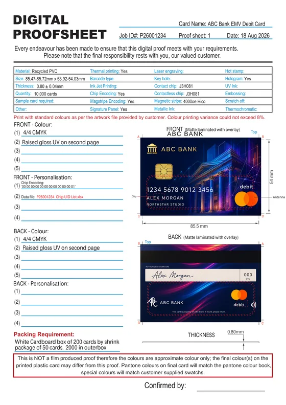 Proof sheet page one for the ABC Bank EMV card: printed artwork, the gold contact chip, card dimensions and finishing specifications.