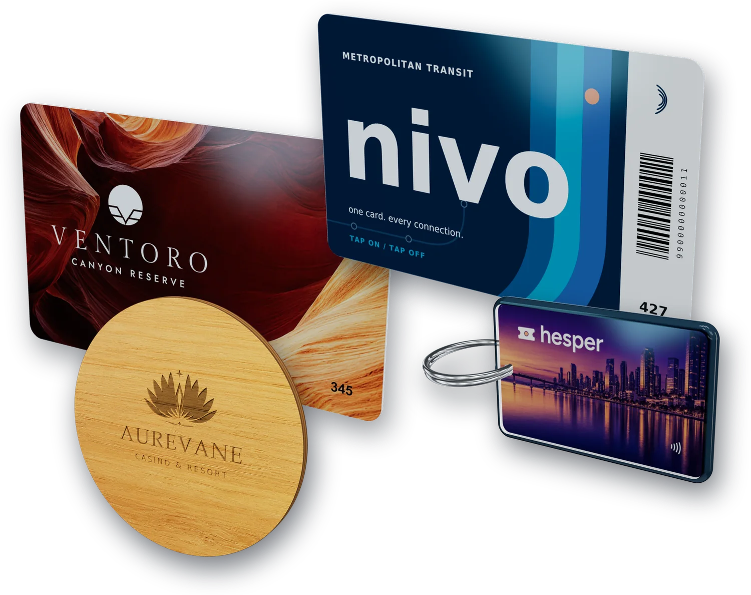Four demo products from the Proof Kit in 3D: the Ventoro key card, the Nivo transit card, the Aurevane bamboo casino chip and the Hesper crystal key fob