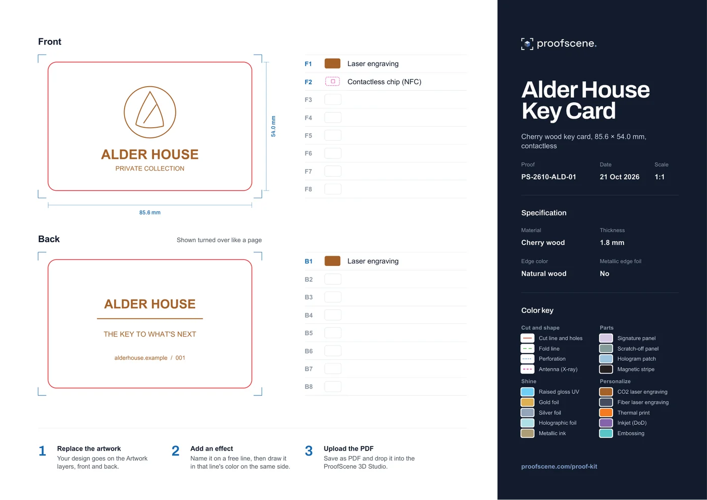 The flat proof sheet of the Alder House Key Card: front and back, its lines and the specification