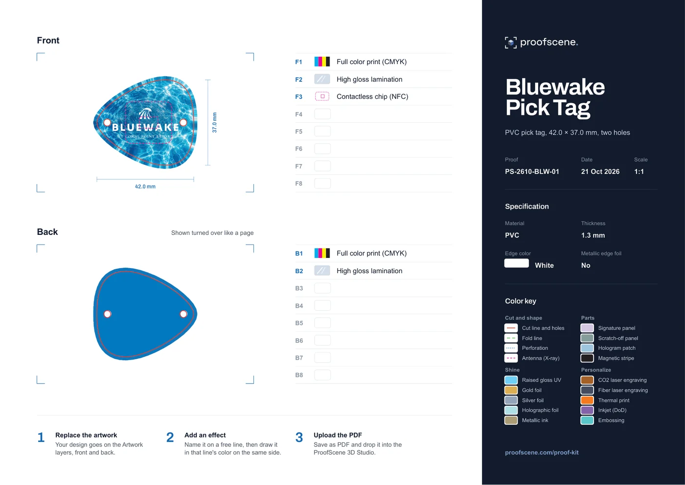 The flat proof sheet of the Bluewake Pick Tag: front and back, its lines and the specification