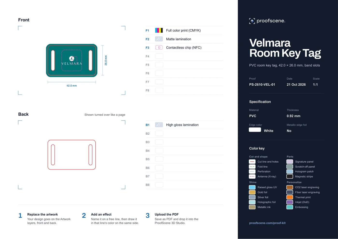 The flat proof sheet of the Velmara Room Key Tag: front and back, its lines and the specification