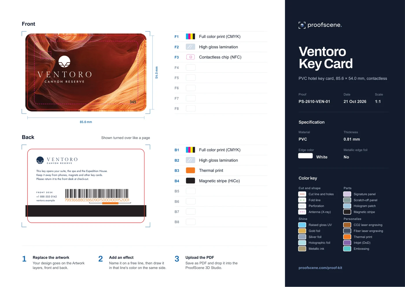 The flat proof sheet of the Ventoro Key Card: front and back, its lines and the specification